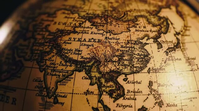 Detailed antique globe with focus on Asia region, illuminated with warm light, for education, or history