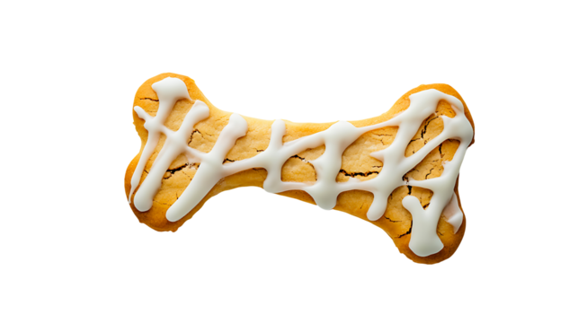 Delicious dog bone shaped cookie with creamy white icing on a transparent background,