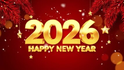 A bright and festive animation with 3D golden text on a red background, framed by pine branches and glitter. Perfect for a warm and happy new year 2026 celebration - Powered by Adobe