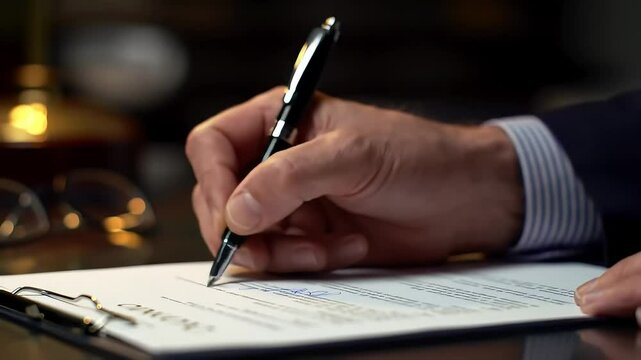 Hand signing legal document in office with background details, for contract or agreement use