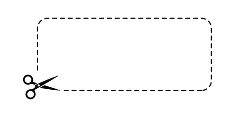 Black Scissors Cutting Through Dashed Line Rectangle shape vector isolated on white background