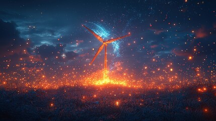 Wind turbine atop a field of glowing lights, dramatic night sky