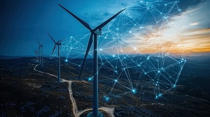 Wind turbines at sunset, interconnected by digital network