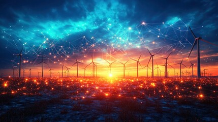 Wind farm at sunset, connected by glowing network