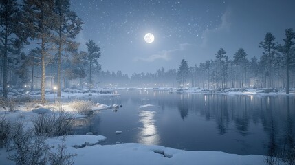 Winter night lake, frosty trees, full moon