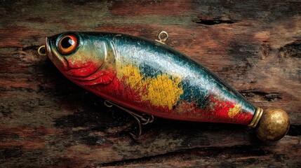 Isca de pesca colorida em um fundo de madeira r&Atilde;&ordm;stica