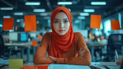 Woman in hijab, focused, office setting