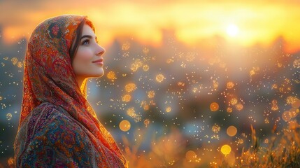 Woman in colorful head scarf, sunset backdrop