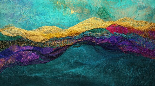 A textured landscape of layered colors and gold threads.