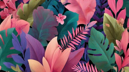 Abstract foliage botanical seamless background. Colorful wallpaper of tropical plants, flowers, floral, leaf branches. Foliage of exotic plants in summer for banner, prints, decor, wall art., no logo