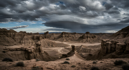 Fototapeta premium Dramatic landscape featuring canyons and rock formations under a stormy, cloudy sky.