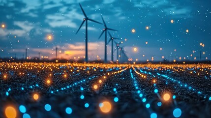 Wind turbines stand sentinel over a field illuminated by glowing lights, a blend of blue and orange,  beneath a twilight sky