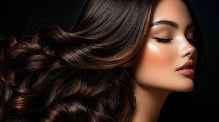 Woman with voluminous, wavy hair;  glamorous makeup