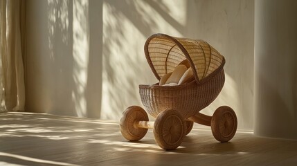 Wooden baby stroller, light beige, woven rattan canopy