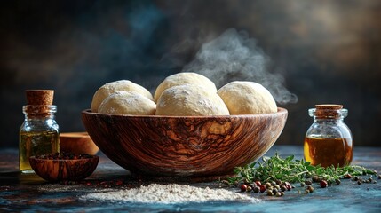 Wooden bowl of dough balls steaming, surrounded by baking ingredients