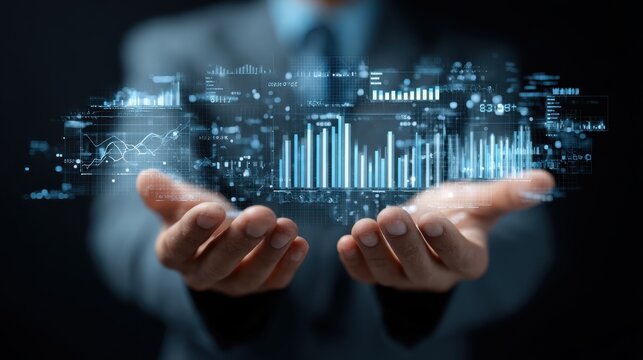 Businessman holds data-driven tech insights. Modern digital graphs, numbers float in hands. Informed business strategies, data management. Tech, analytics concepts. Decision making process presented - Powered by Adobe