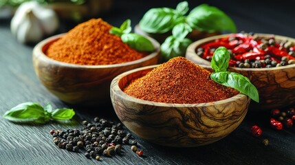 Wooden bowls filled with vibrant red and orange spice powders, alongside fresh basil, garlic, and peppercorns on a dark wooden surface