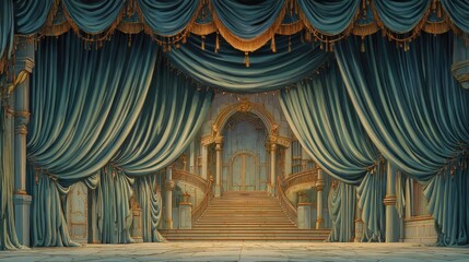 Anime background Magnificent opera performance stage curtains part revealing grand sets