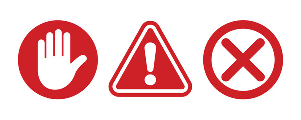 Red warning icon set vector. Stop, Caution, and Error icon