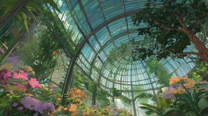 Anime background Splendorous botanical conservatory exotic plants flourishing abundantly greenhouse ceiling arching majestically