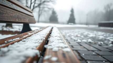 A wooden park bench sits covered in snow on a foggy winter day