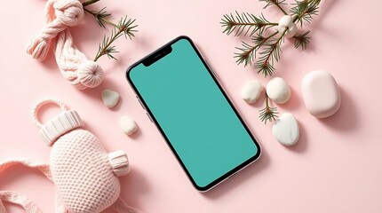 A teal smartphone mockup rests on a pink background surrounded by cozy winter accessories