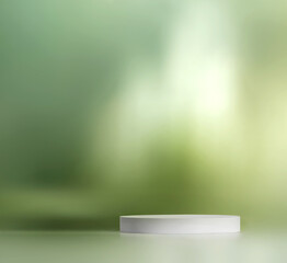 White display product pedestal against green soft nature background