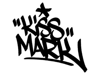 Graffiti tag “Kiss Mark” with bold, flirty street art vibe for Lipstick Day, stylish and playful urban lettering.