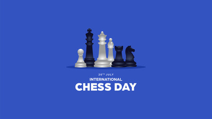 International chess day background illustration - realistic vector design of chess pieces, king, queen, bishop, knight, rook, and pawn with copy space for replacement text