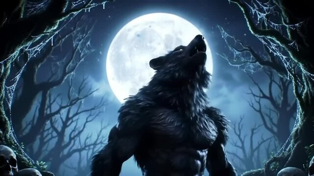 A powerful werewolf howling at a full moon in a dark, eerie forest surrounded by skulls and trees
