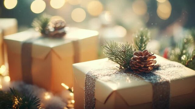 Presents stacked in rows under pinecone decorations and lights.