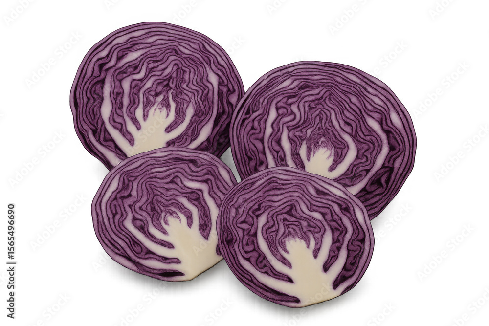Poster four slices of red cabbage with vibrant purple and white concentric circles are displayed on a trans