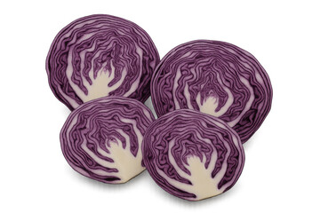 Fototapeta premium Four slices of red cabbage with vibrant purple and white concentric circles are displayed on a transparent background, ideal for food-related projects