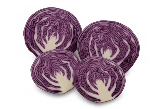 Four slices of red cabbage with vibrant purple and white concentric circles are displayed on a transparent background, ideal for food-related projects - Powered by Adobe