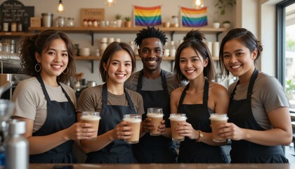 Obraz premium LGBTQ Cafe Team Holding Beverages