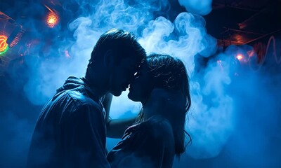 Couple embracing in the smoky haze of a night club. The silhouettes are illuminated by neon lights - Powered by Adobe