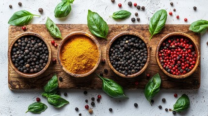Wooden bowls of spices and herbs