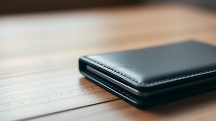 A sleek wallet lies on a wooden surface, highlighted by warm ambient lighting in a minimalist setting.