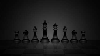 Chess pieces on chessboard design illustration, realistic vector of chess pieces, king, queen, bishop, knight, rook, and pawn with blank black background copy space for replacement text