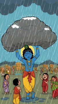 Lord Krishna holds a mountain above his head while villagers celebrate and seek shelter from rain