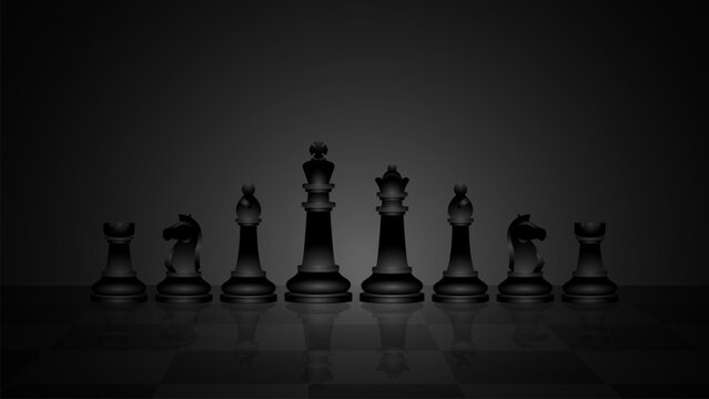 Chess pieces on chessboard design illustration, realistic vector of chess pieces, king, queen, bishop, knight, rook, and pawn with blank black background copy space for replacement text