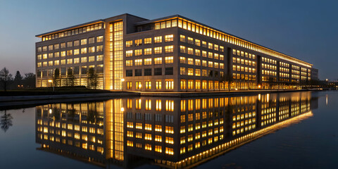 Modern office building at night with warm lighting and water reflections