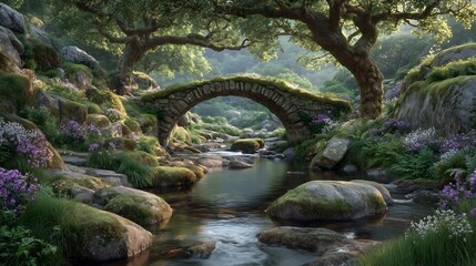 Enchanted Stone Bridge in a Lush Green Valley