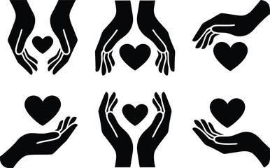 Black hand silhouettes protecting and holding hearts representing love and compassion