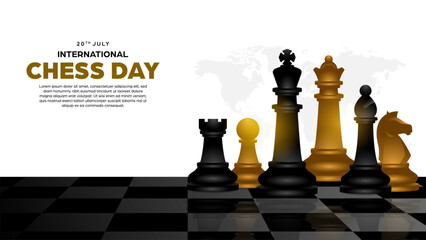 International chess day background illustration - realistic vector design of chess pieces, king, queen, bishop, knight, rook, and pawn with copy space for replacement text