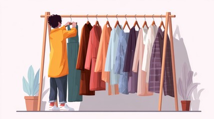 Main master designer creating fashion clothes designs and hanging it on coat rack. Fashion house, clothing design house, fashion production concept. Header or footer banner template with copy space.,
