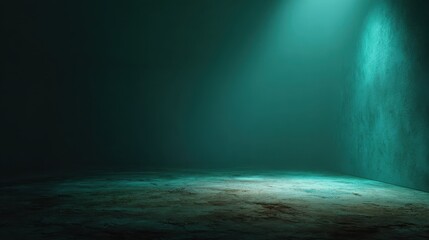 Fototapeta premium Banner, A dark green, empty room with a faint green light shining from the bottom right corner of frame. floor rough dirt and sand. dim glow of an unknown source kind of underwater rocks or ocean bed