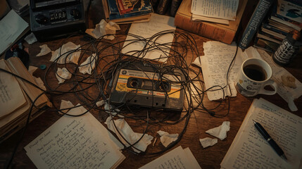 Creative Chaos: A vintage cassette tape with tangled magnetic tape lies amidst scattered notes, crumpled paper, books, and a coffee cup on a wooden desk, depicting a messy creative workspace.