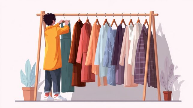 Main master designer creating fashion clothes designs and hanging it on coat rack. Fashion house, clothing design house, fashion production concept. Header or footer banner template with copy space.,