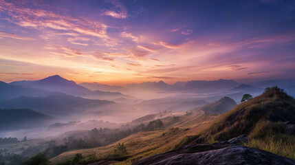 Famous Mountain Viewpoint at Sunrise with Mist and Colorful Sky